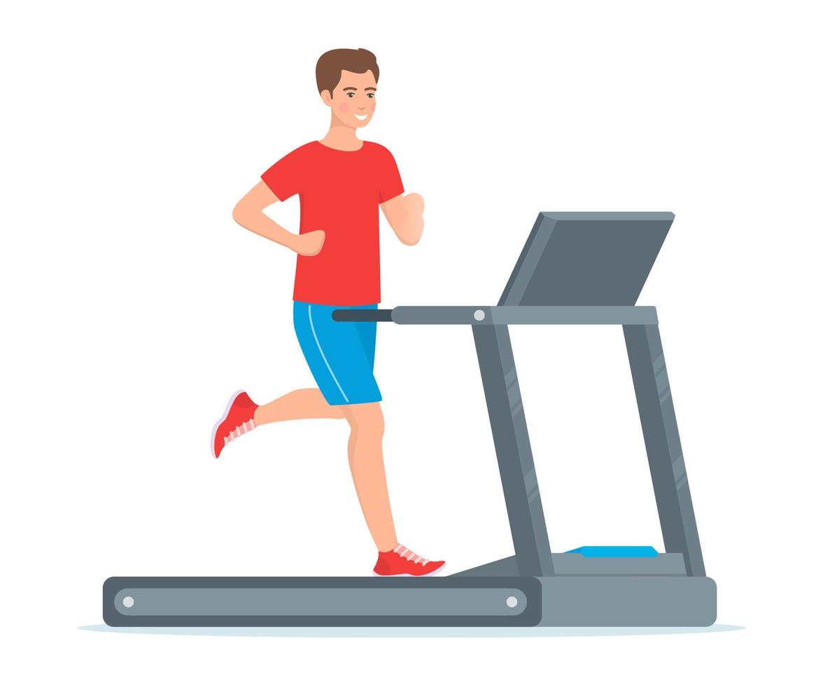 Young man is running on a treadmill. Vector illustration in flat style, isolated on white.