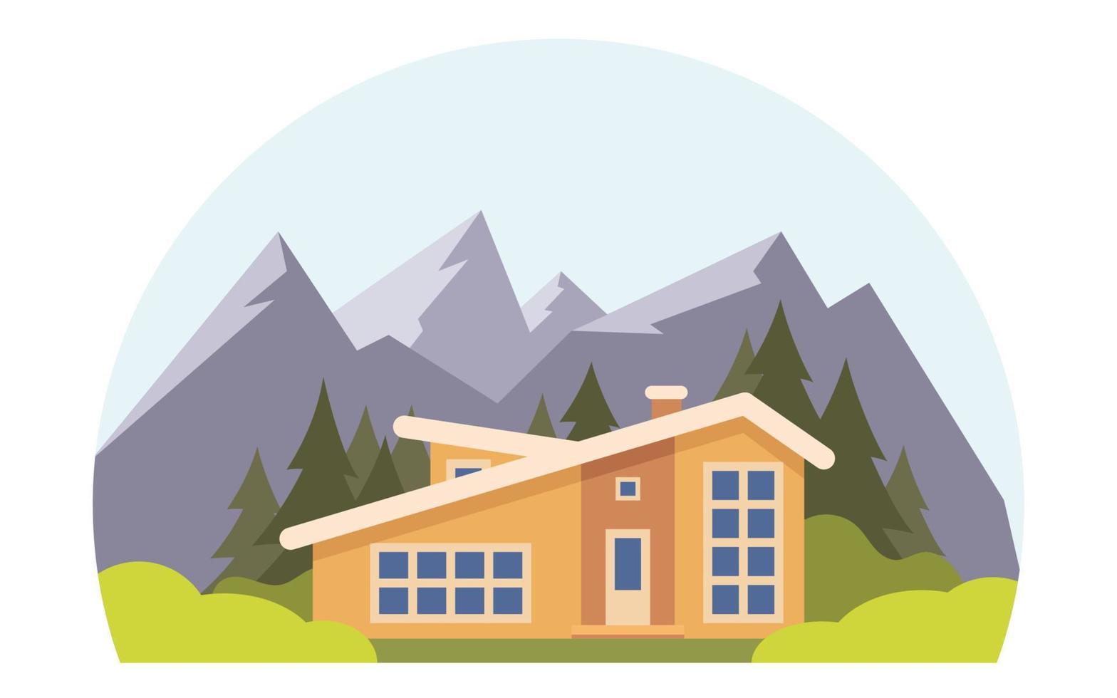 Mountain landscape with big house for tourists. Summer vacation in the mountains, house rentals. Chalet, wooden house, Eco house. Vector flat illustration.