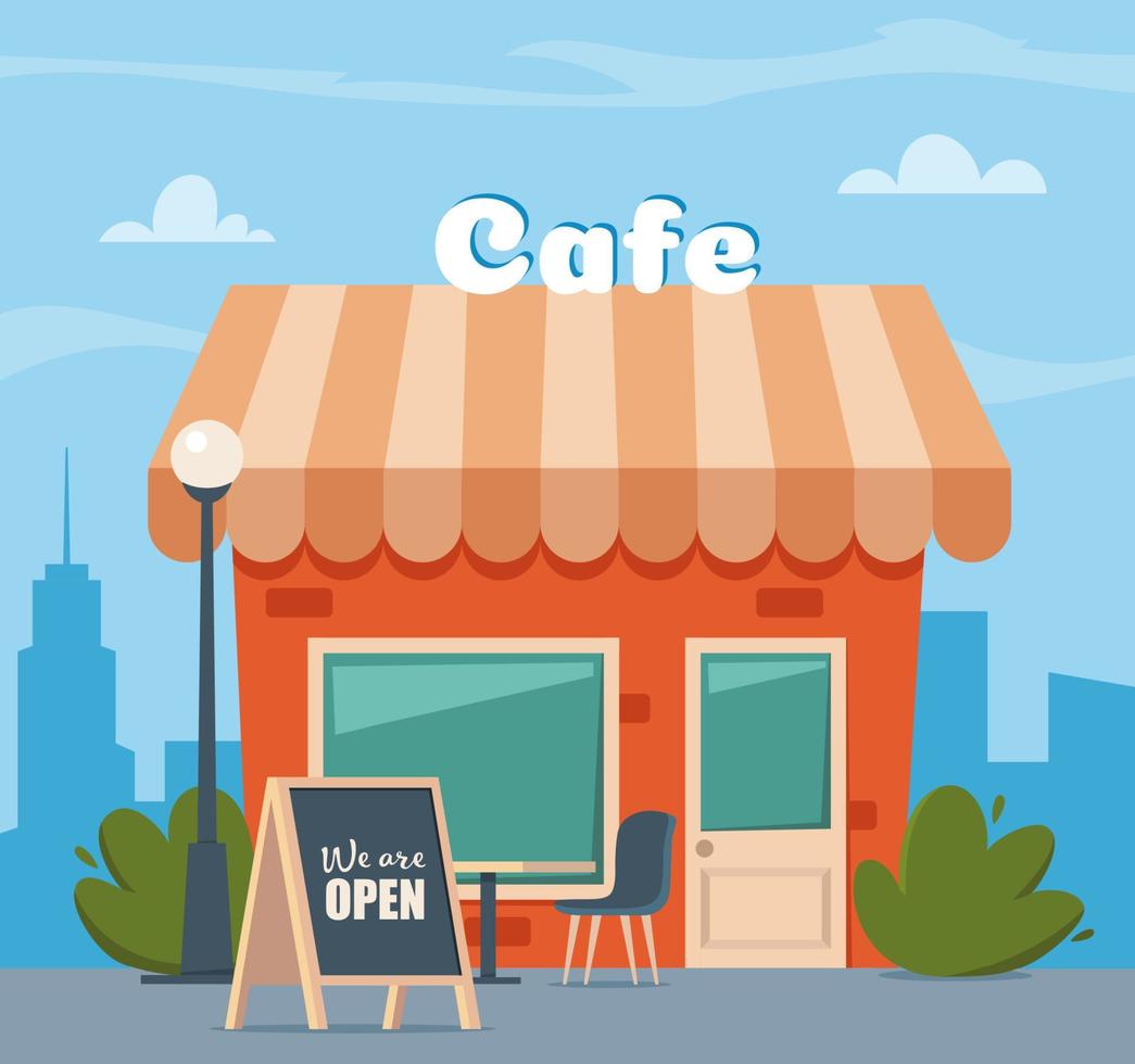 Street cafe facade with chalkboard and inscription We Are Open. Summer outdoor cafe with table and seats. Restaurant scene in flat style. Vector illustration.