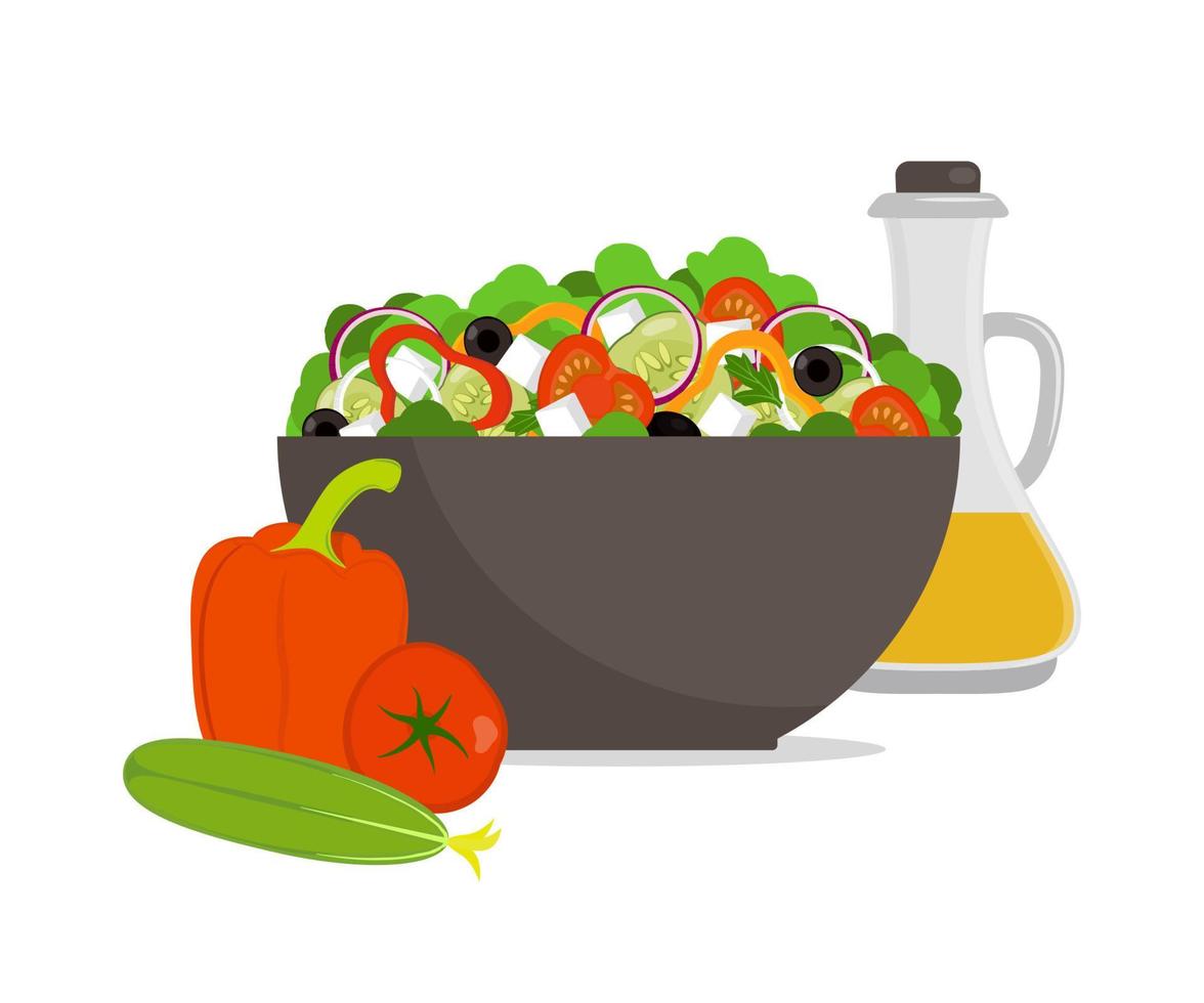 Fresh greek salad in big bowl, side view. Vegetables for greek salad and olive oil. Vector flat illustration.