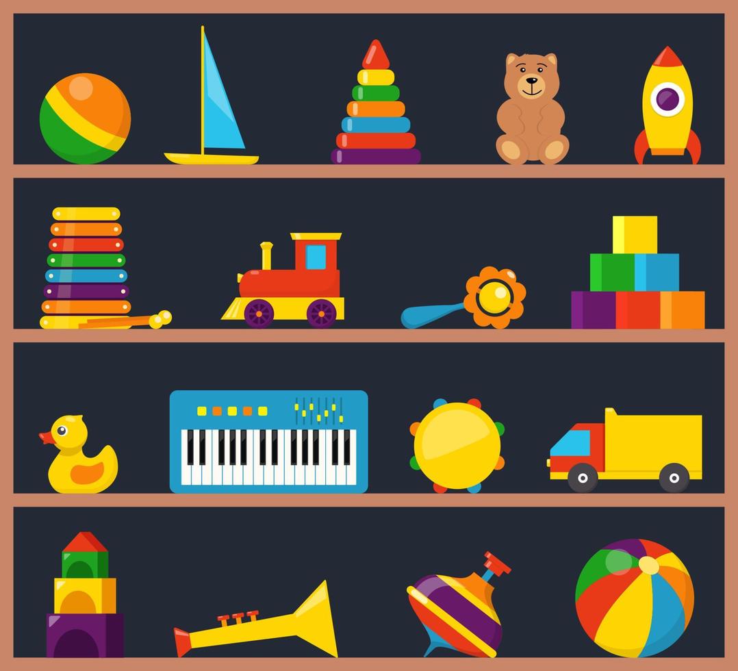 Colorful children toys on wooden shelves. Cubes, whirligig, duck, ball rattle, truck, pyramid, pipe, bear, ball, rocket, tambourine, boat, accordion, train, drum. Flat style vector. 15407601 Vector Art at Vecteezy Colorful children toys on wooden shelves. Cubes, whirligig, duck, ball rattle, truck, pyramid, pipe, bear, ball, rocket, tambourine, boat, accordion, train, drum. Flat style vector. 15407601 Vector Art at Vecteezy