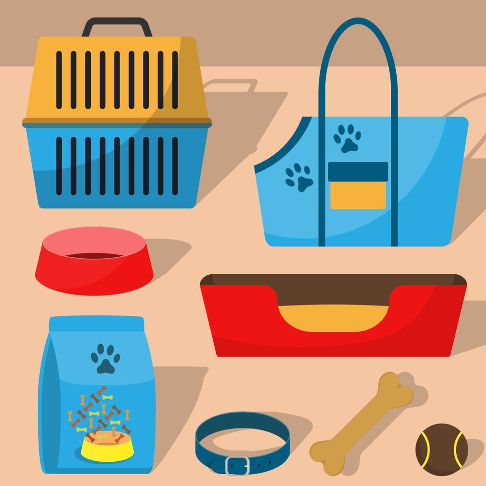 Pet care accessory, set. Pet carrier, collar, bone, bowl, food, ball, a deckchair. Flat style vector illustration, isolated.