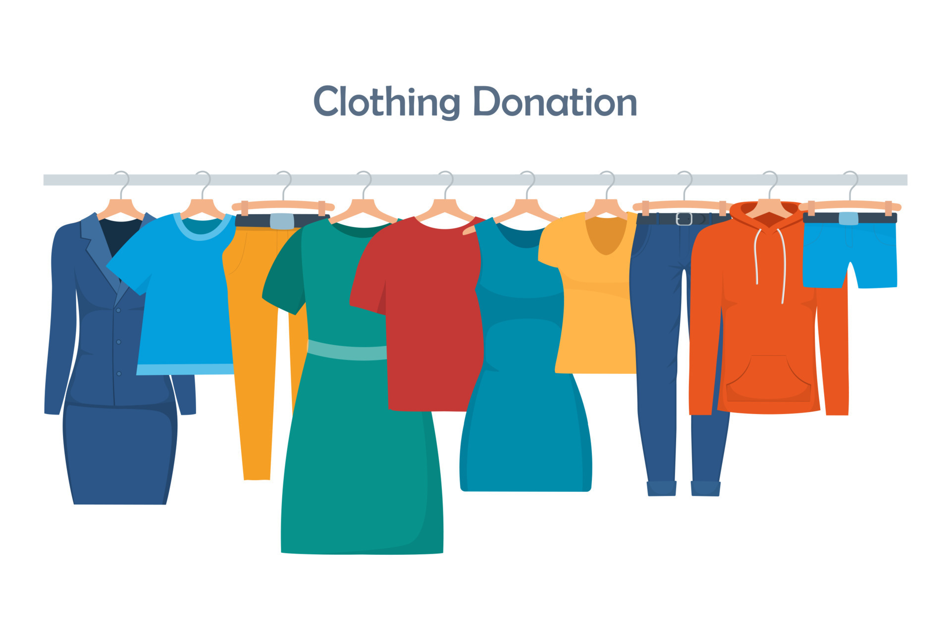 Clothes for donation. Various clothes on a hanger and in boxes. Cheap