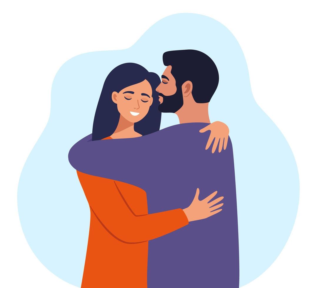 Couple hugging with eyes closed. Happy woman and man in love. Woman smiles in the arms of her partner. Love, tenderness, intimacy. Hugs day. Vector illustration.