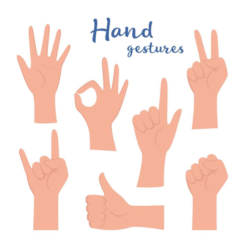 Hand gesture set. human hands showing thumbs up, pointing and greeting, OK. Various hand symbols. Interactive communication set. Vector illustration.