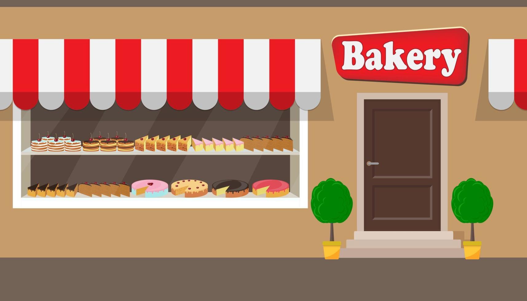 Bakery shop building facade with signboard. Different cakes and pies on shelves behind the window glass. Bakery facade vector illustration in flat style.