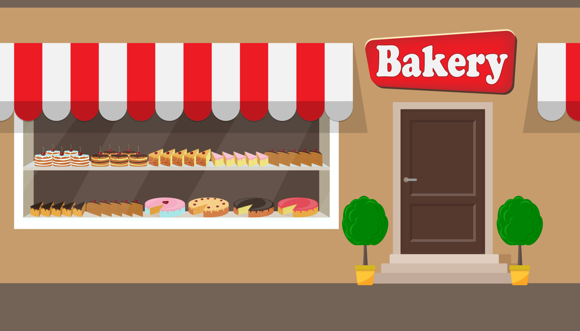 Bakery shop building facade with signboard. Different cakes and pies on