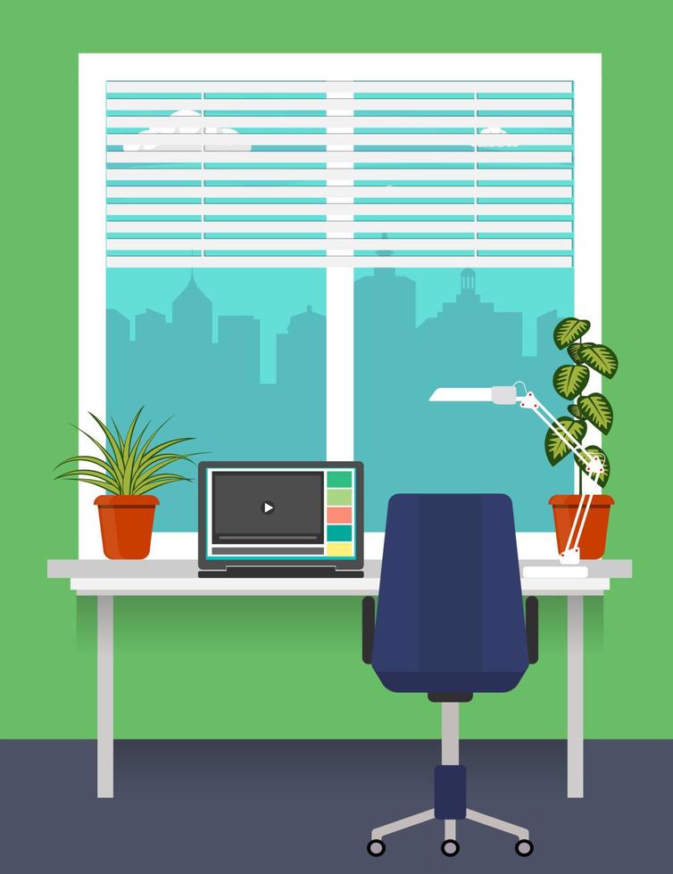 Home workplace at the window with desk, laptop, desk lamp. Room plants in pots on the windowsill. Blinds on the window. Urban landscape outside. Vector illustration in flat style.