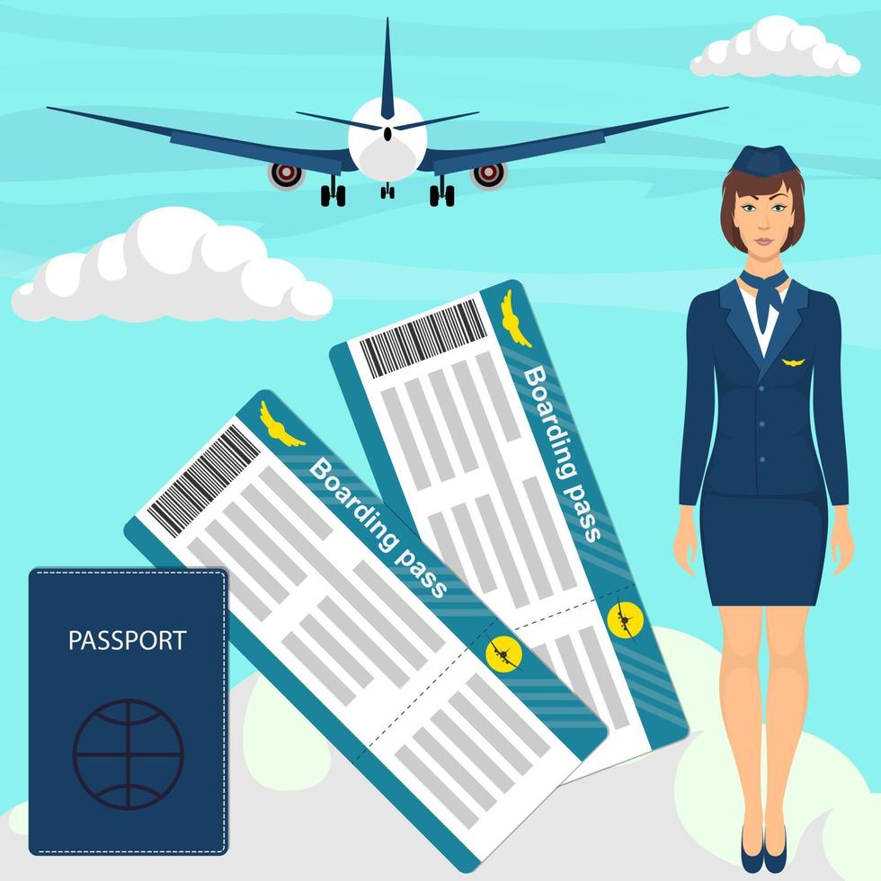 concepto de viaje con mujer azafata en uniforme azul, billetes de avión, pasaporte, avión en el cielo de fondo. ilustración vectorial vector