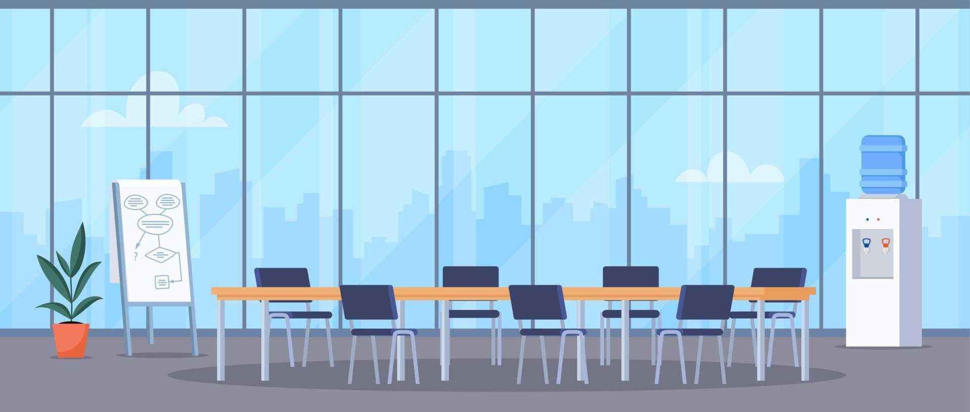 Empty conference room with big window and cityscape behind it. Meeting room for team brainstorming. Vector illustration.