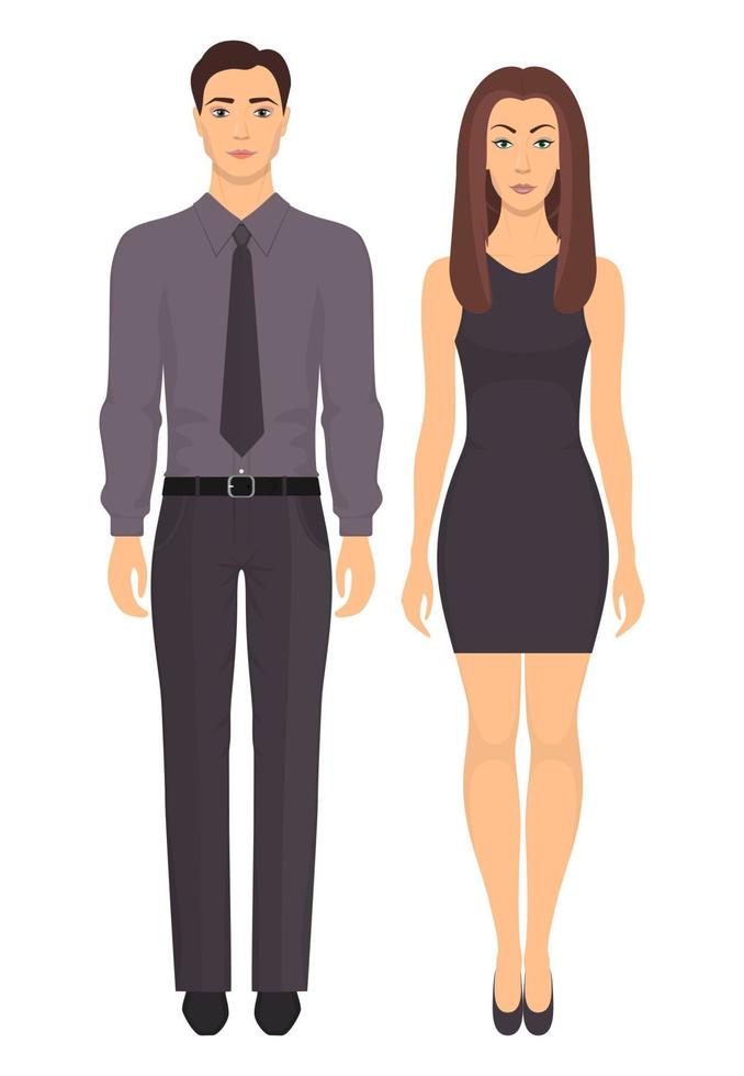 hombre y mujer de pie en pleno crecimiento en ropa formal. pareja en ropa elegante e informal. vestuario básico. ilustración vectorial, aislado. vector