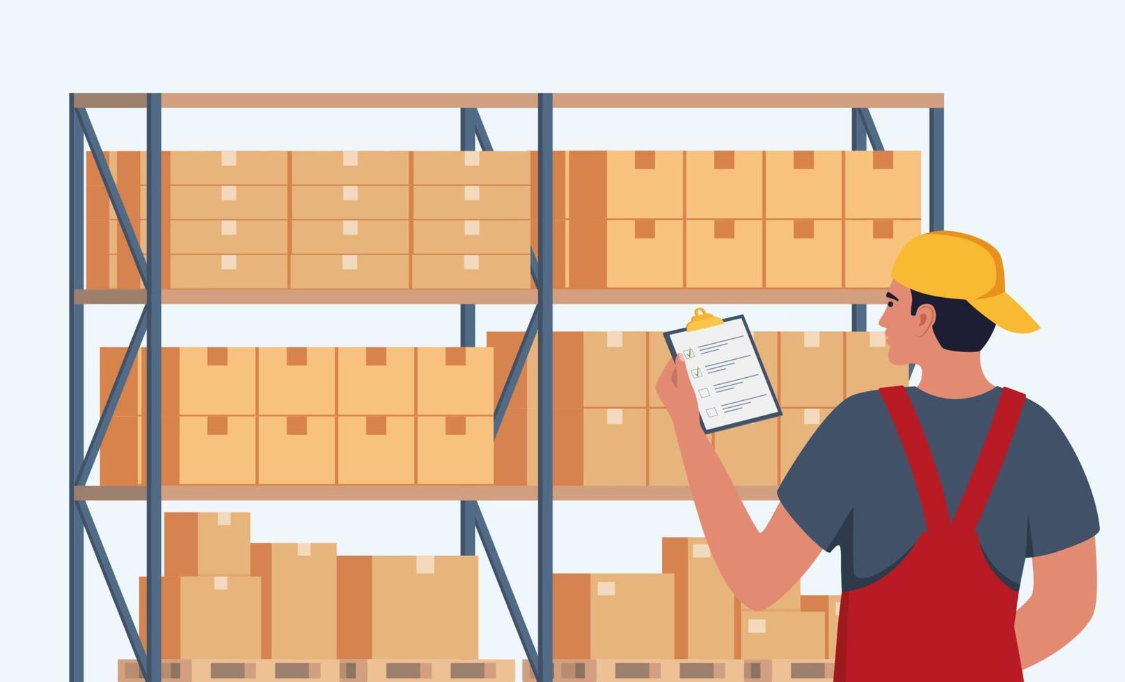 Warehouse worker checking goods in boxes. Stock taking job. Modern flat style vector