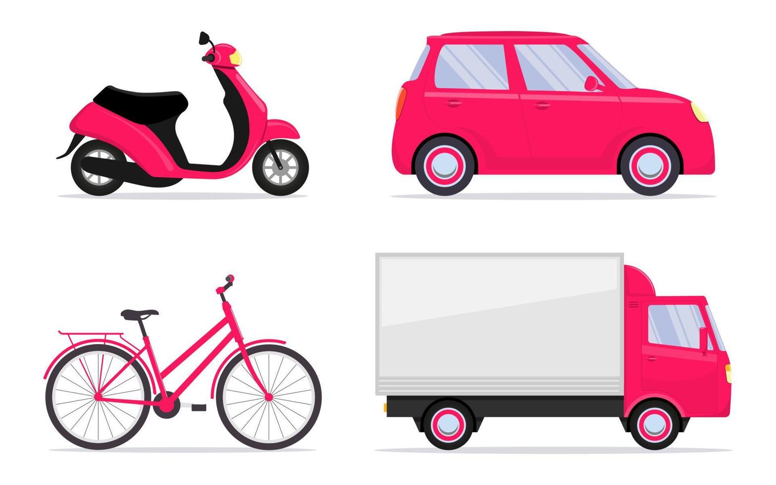 diferentes vehículos, conjunto. coche, moto, bicicleta, scooter, ciclomotor, camión. iconos de transporte. ilustración vectorial en estilo plano. vector