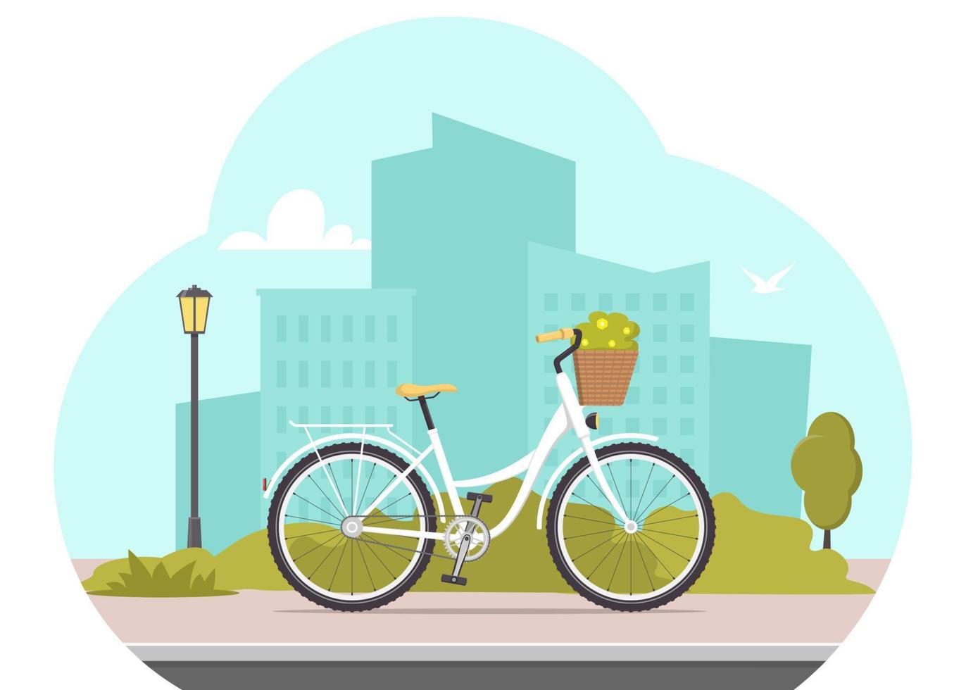 Cute bicycle on city silhouette background. Bike concept illustration for app or website. Modern transport. Flat style vector illustration.