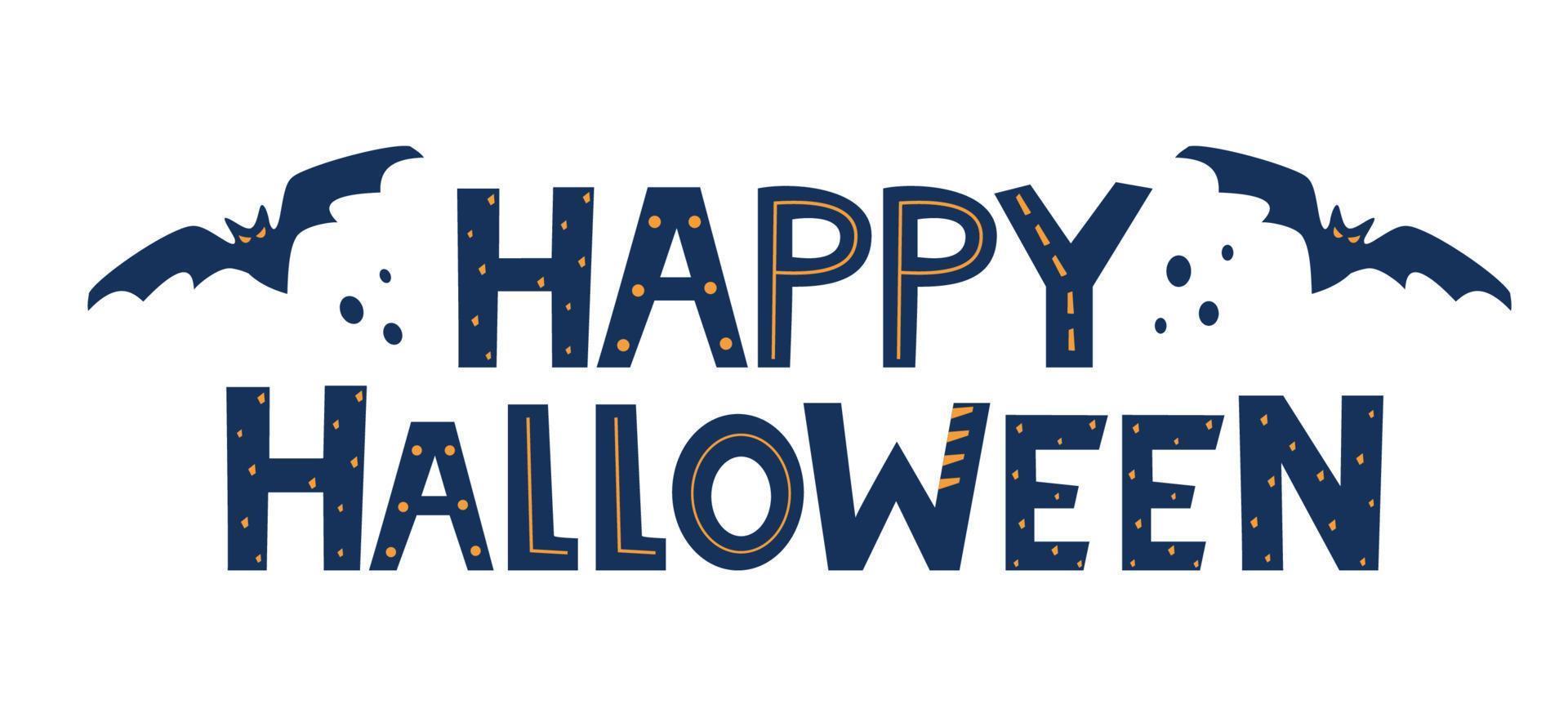 Happy Halloween lettering with traditional halloween design elements. Holiday calligraphy for banner, poster, greeting card, party invitation. Vector illustration.
