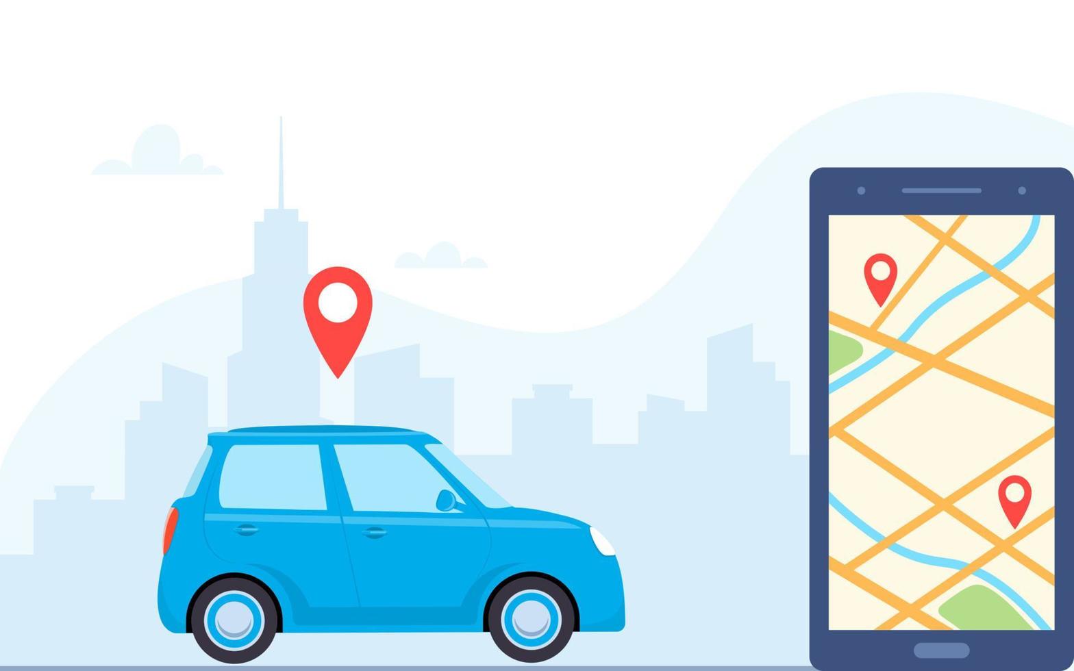 Smartphone with route and points location on city map on the urban landscape background. Online car sharing service with smartphone app. Phone with location marks and car. Vector concept illustration.