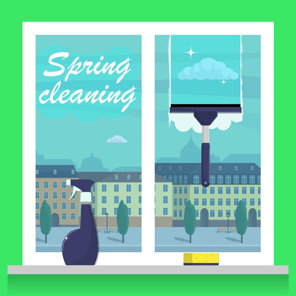 Window cleaning. Spring cleaning concept. Glass scraper glides over the glass, making it clean. Spray glass cleaner and a sponge. City landscape outside the window. Vector illustration.