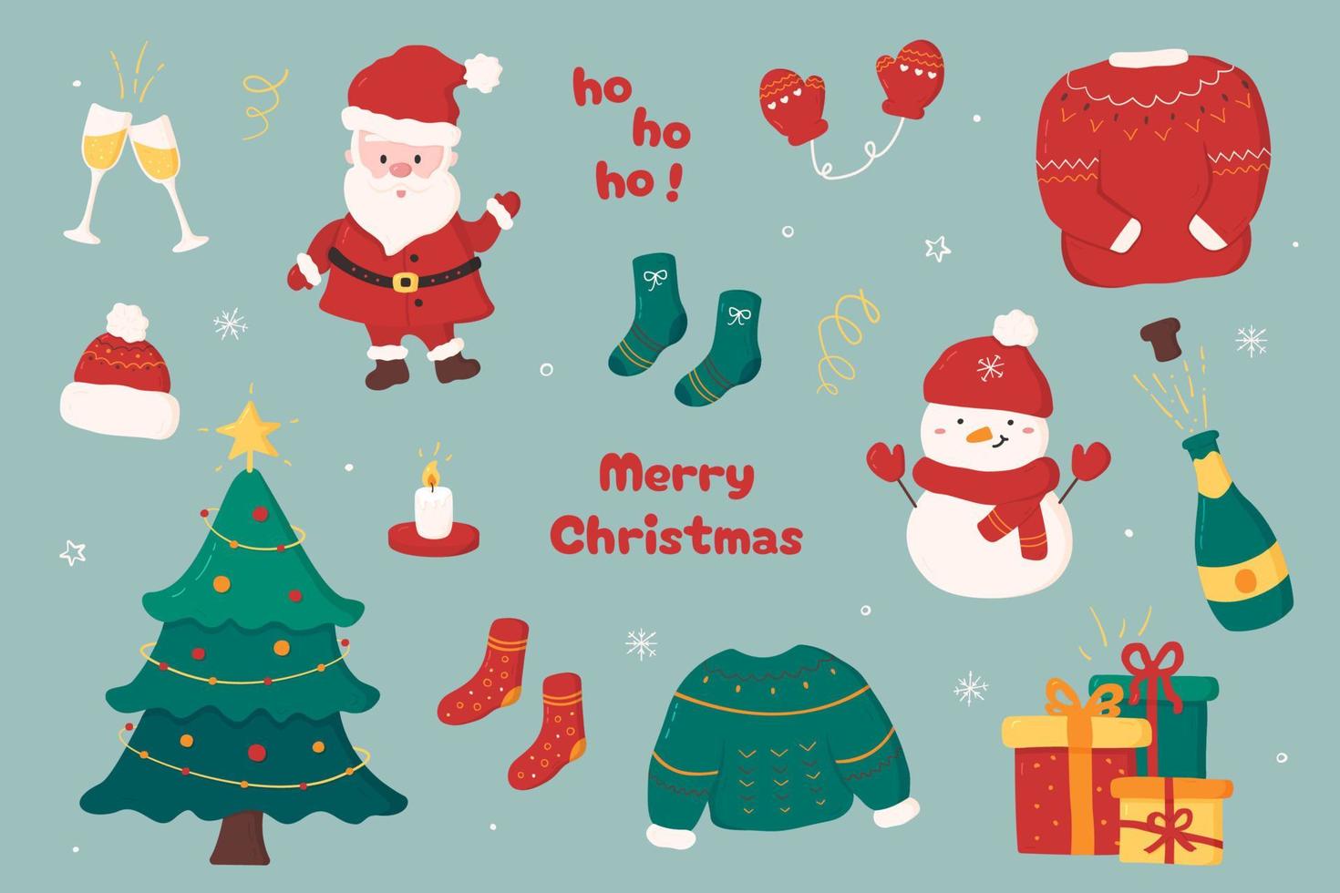 Christmas set of elements. Vector collection of cute Santa Claus, snowman, Christmas tree, gift boxes, champagne, candle, sweaters, socks, mittens and hat in cartoon style