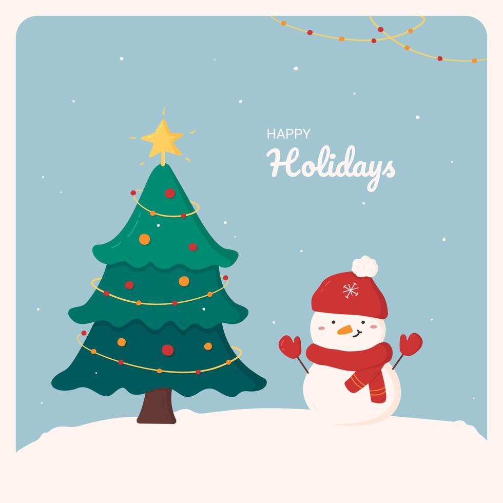 Happy holidays postcard. Vector winter card with cute snowman and christmas tree in cartoon style. Holiday design for social media, print and web site