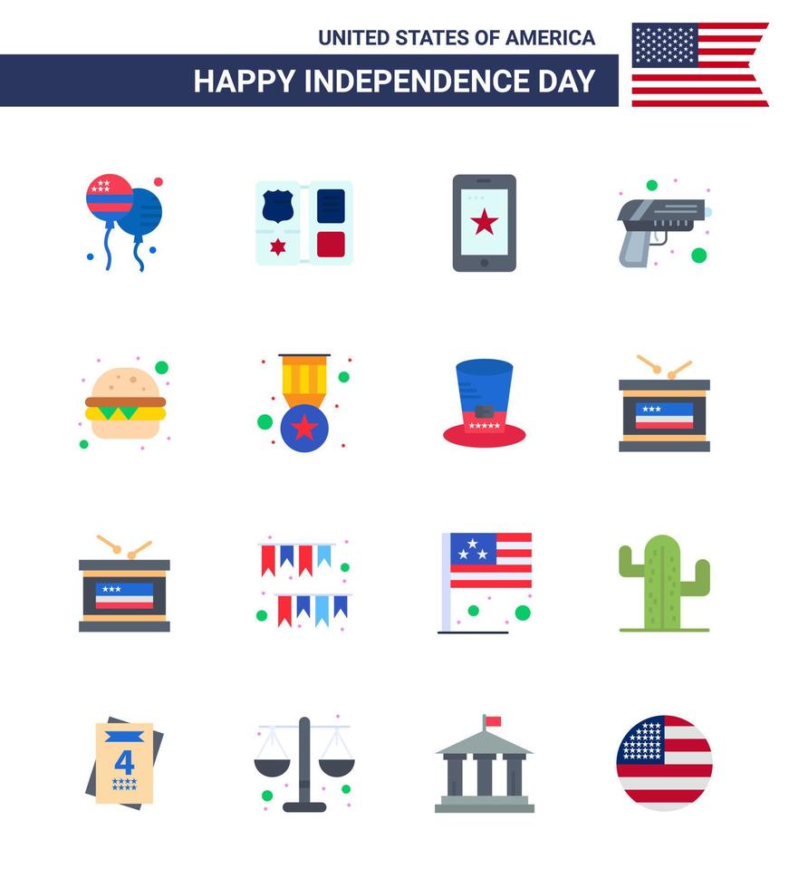 USA Happy Independence DayPictogram Set of 16 Simple Flats of fast food weapon mobile army gun Editable USA Day Vector Design Elements