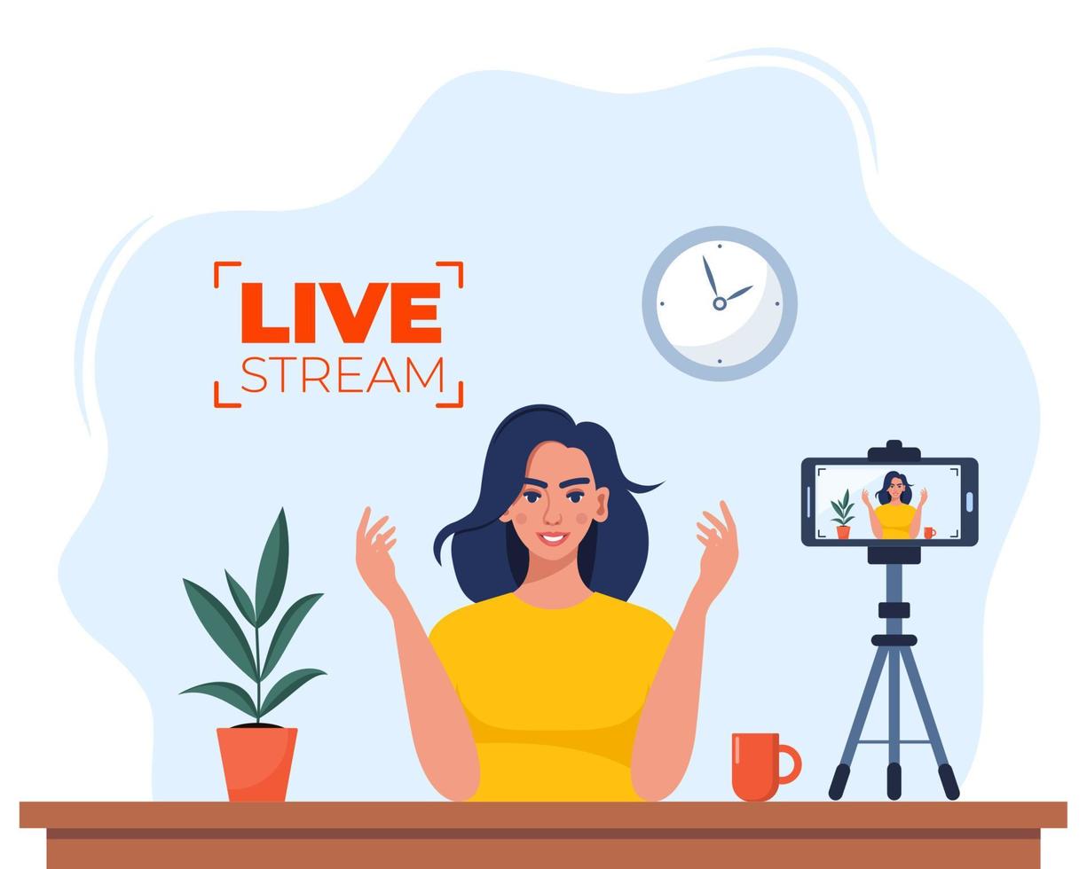 Blogger communicates in live stream with followers. Woman records video content on camera. Influencer creating video for a blog. Video blogging concept for web banner design. Vector illustration.