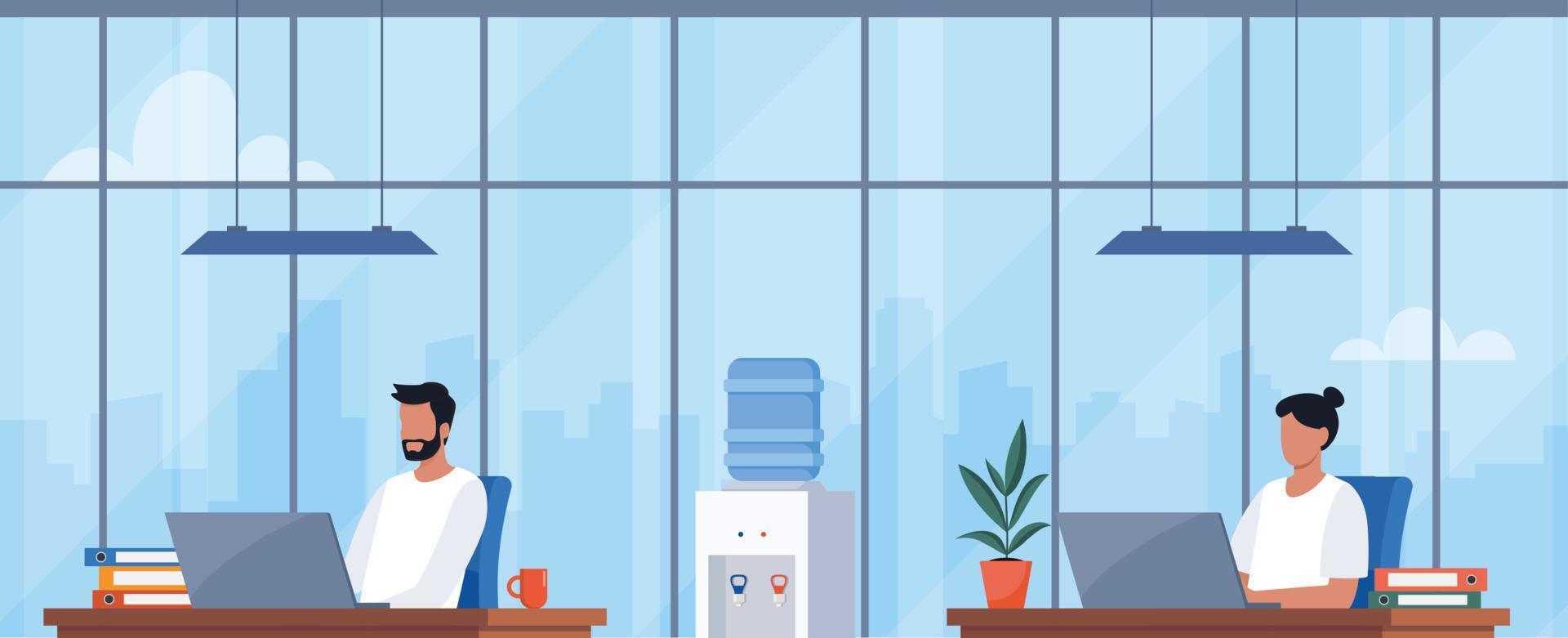 People working in office. Man and woman sitting at desks with laptops. Workplace with modern interior. Daily routine. Everyday company life. Colorful flat vector illustration.