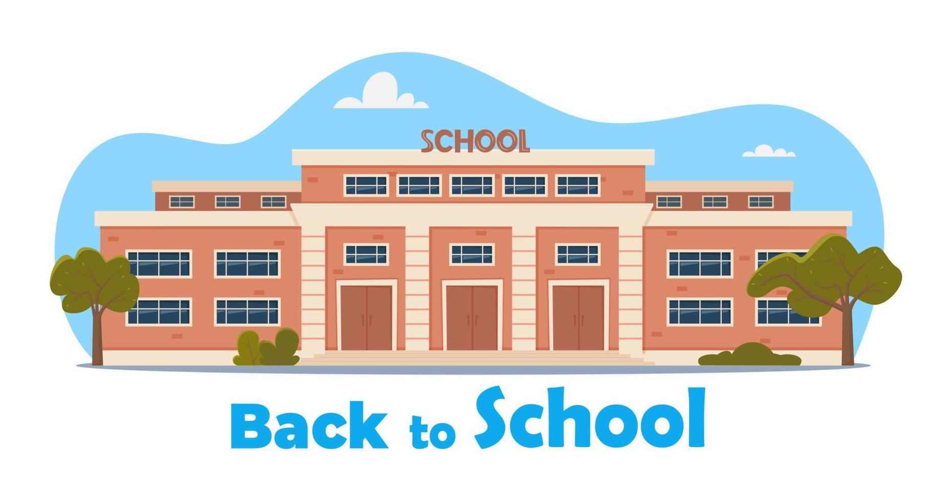 Modern School Building Exterior. Welcome Back To School. Educational architecture, facade of high school building with large windows. Design for flyer, banner, card. Vector illustration.