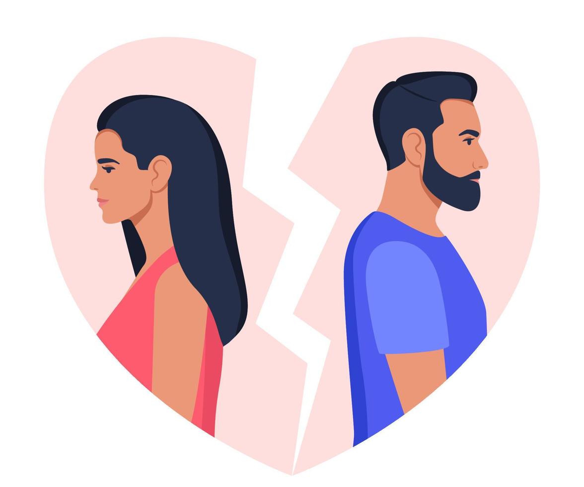 Man and woman stand with their backs to each other, broken heart on background. Concept of divorce, misunderstanding, disagreement, relationship troubles. Man and woman in a quarrel, conflict. Vector. vector