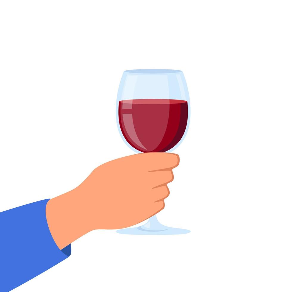 A glass of red wine in the hand. Vector illustration in flat style.