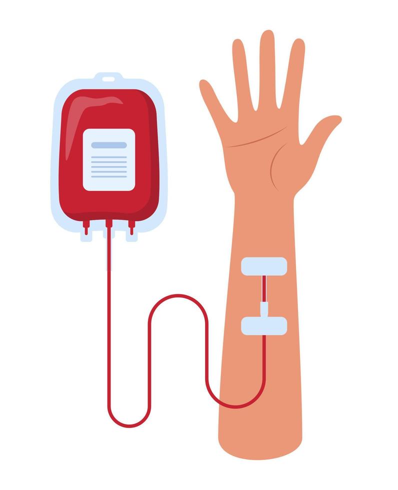 bolsa de sangre y mano de donante o paciente. transfusión de sangre. donación de sangre. Ilustración de vector de concepto.