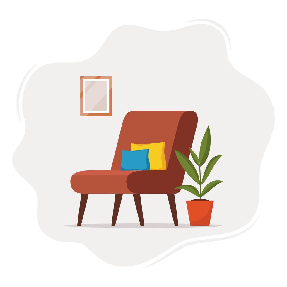 lindo interior con sillón moderno, almohada, planta, cuadro de pared. diseño de habitaciones acogedoras. interior de la sala de estar. ilustración de estilo plano vectorial. vector