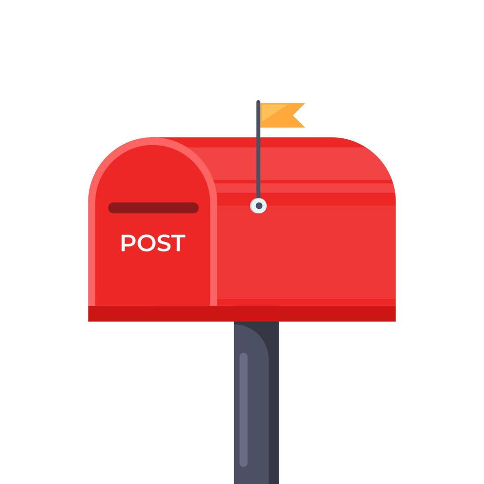 Mailbox with a closed door and raised flag. Red post box, isolated on white background. Vector illustration.