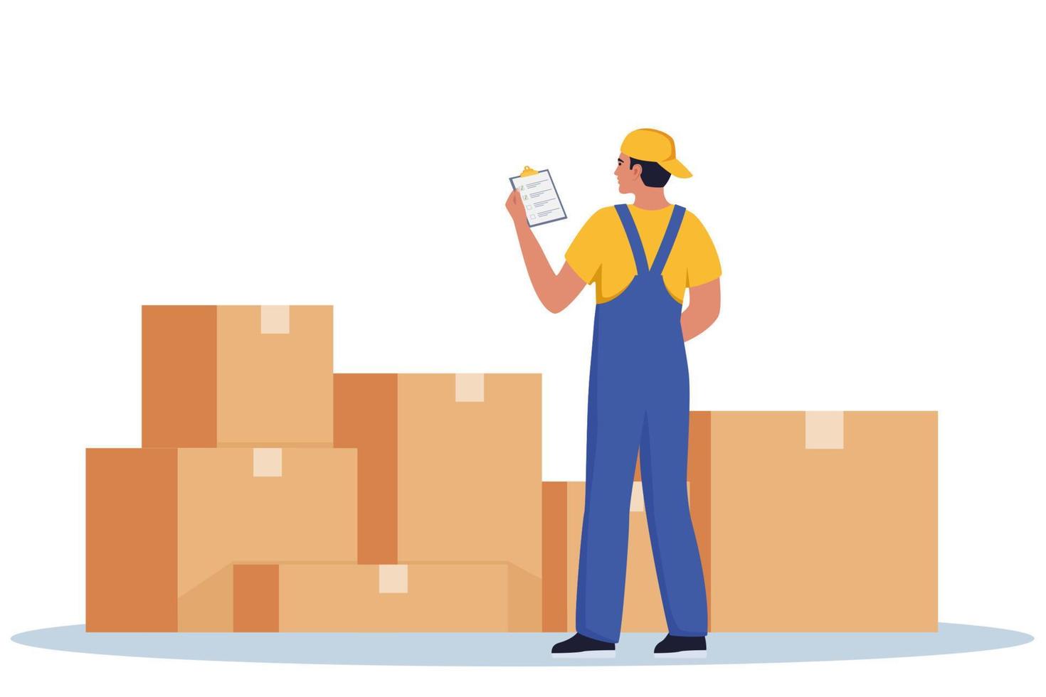 trabajador de almacén comprobando mercancías en cajas. trabajo de inventario. ilustración de vector de estilo plano moderno aislado sobre fondo blanco.