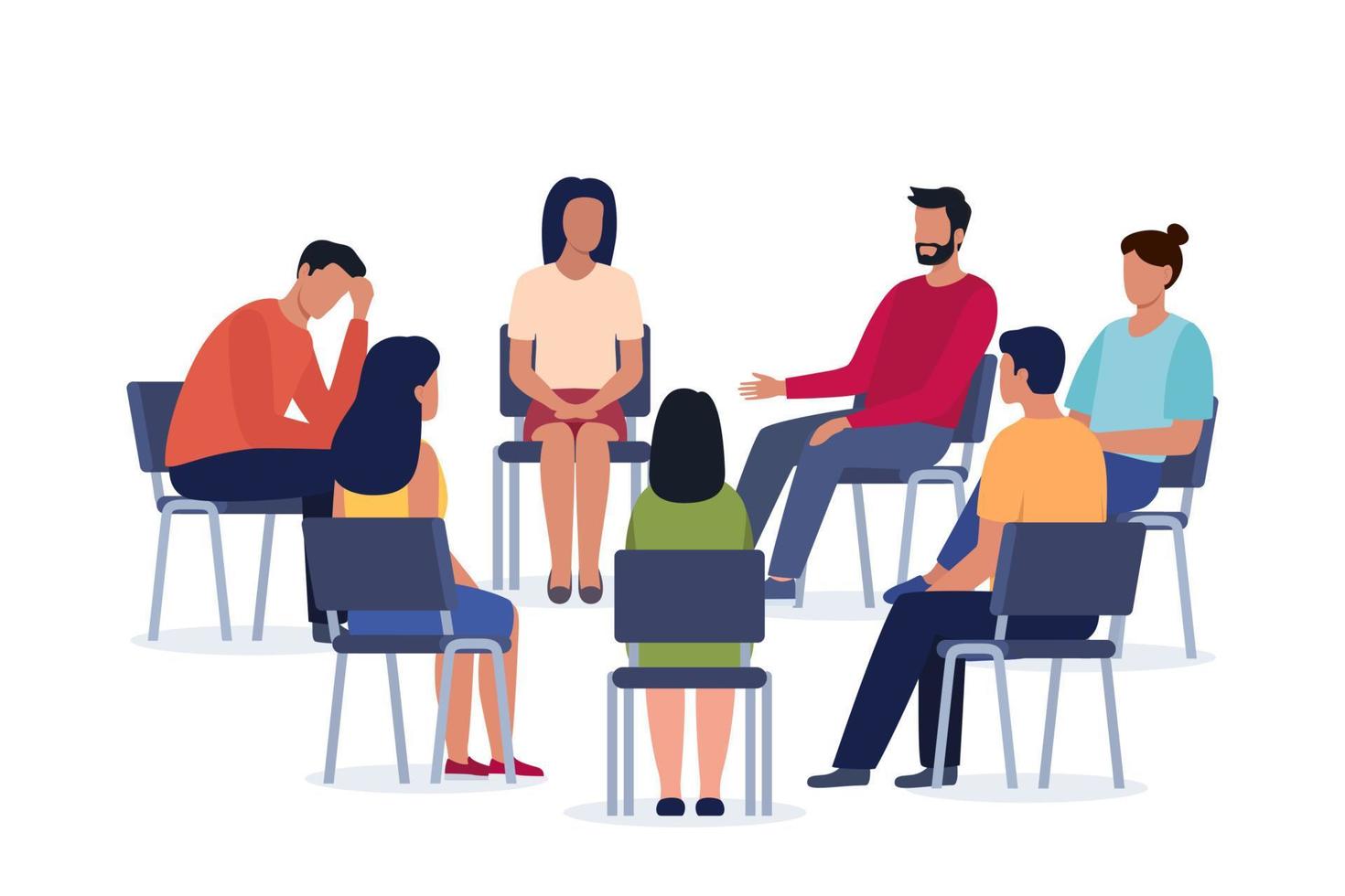 Group psychotherapy. Persons sitting in circle and talking. People meeting. Psychotherapy training, business lecture or conference. Man woman support group. Vector illustration.