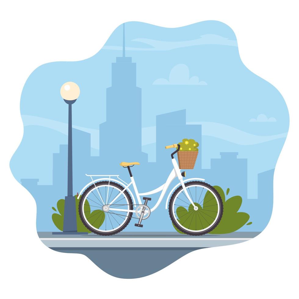 Cute bicycle on city silhouette background. Bike concept illustration for app or website. Modern transport. Flat style vector illustration.