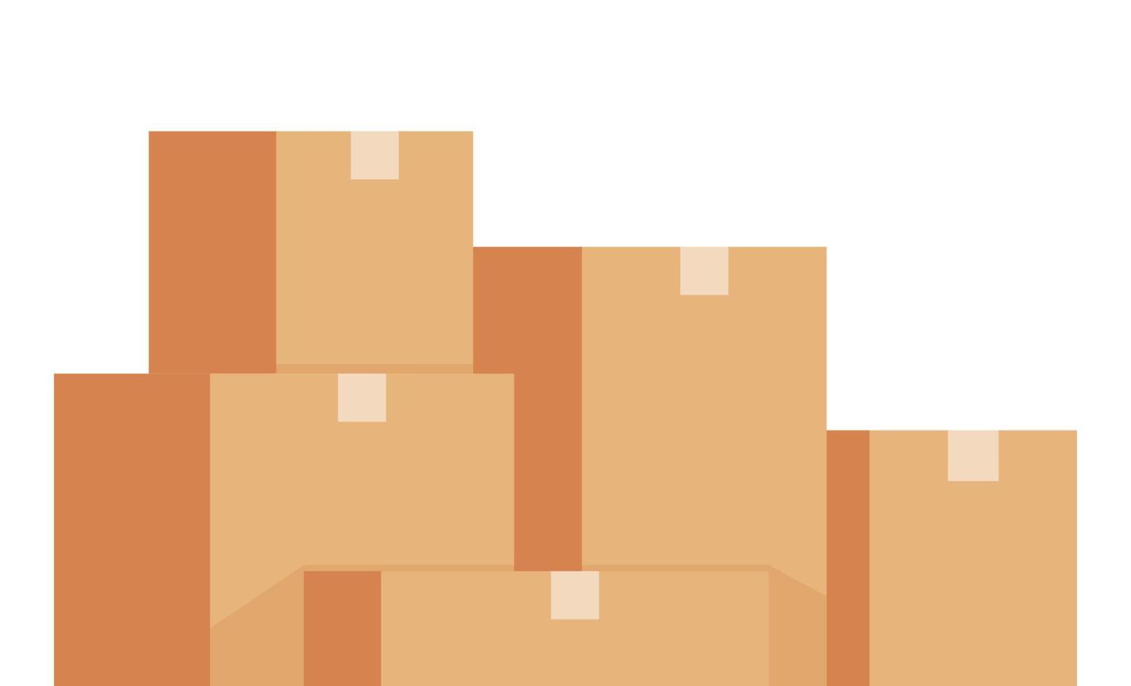 A pile of cardboard boxes. Beige cardboard closed box stack on wooden pallets, packaging cargo storage, industry shipment, shipping goods. Vector illustration. Moving or delivery. Vector.