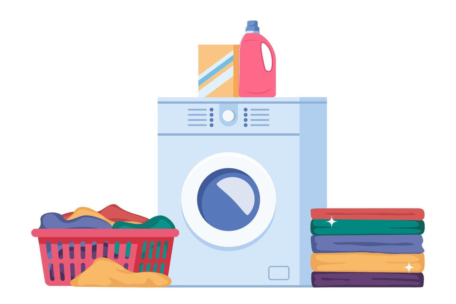 infografías de lavandería con secuencia de cuatro etapas diferentes del proceso de lavado. lavando ropa ropa sucia, lavadora, montón de ropa limpia. Ilustración de vector de concepto de limpieza.