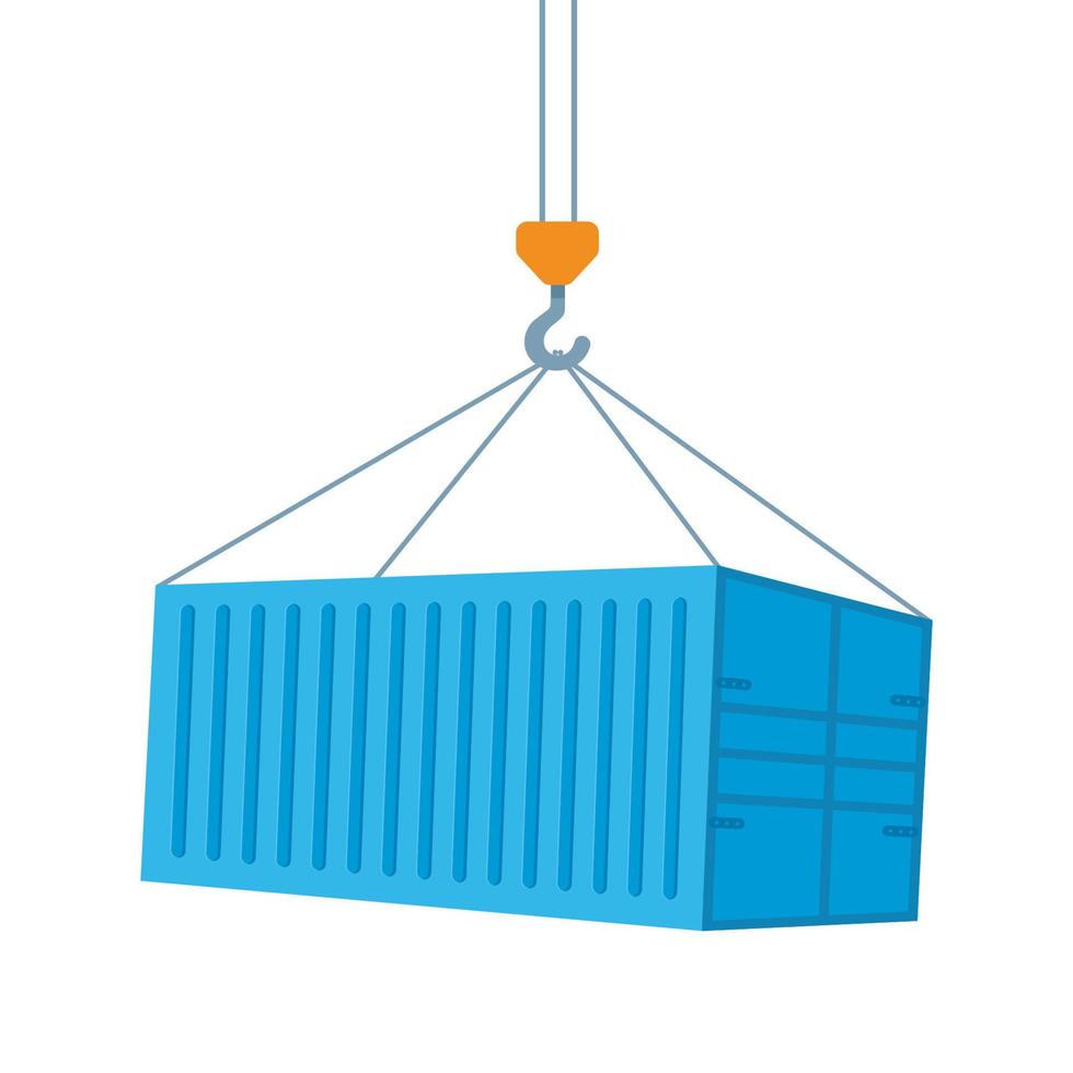Crane lifts with blue cargo container. Industrial crane hook and Transportation Container isolated on white background. Freight Shipping concept. Vector illustration.