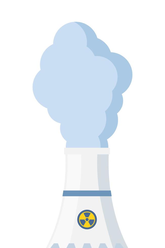 Nuclear power plant. Big pipe with smoke and radioactive hazard icon on it. Pollution of environment due to nuclear power plant. Ecology, environmental pollution. Vector illustration.