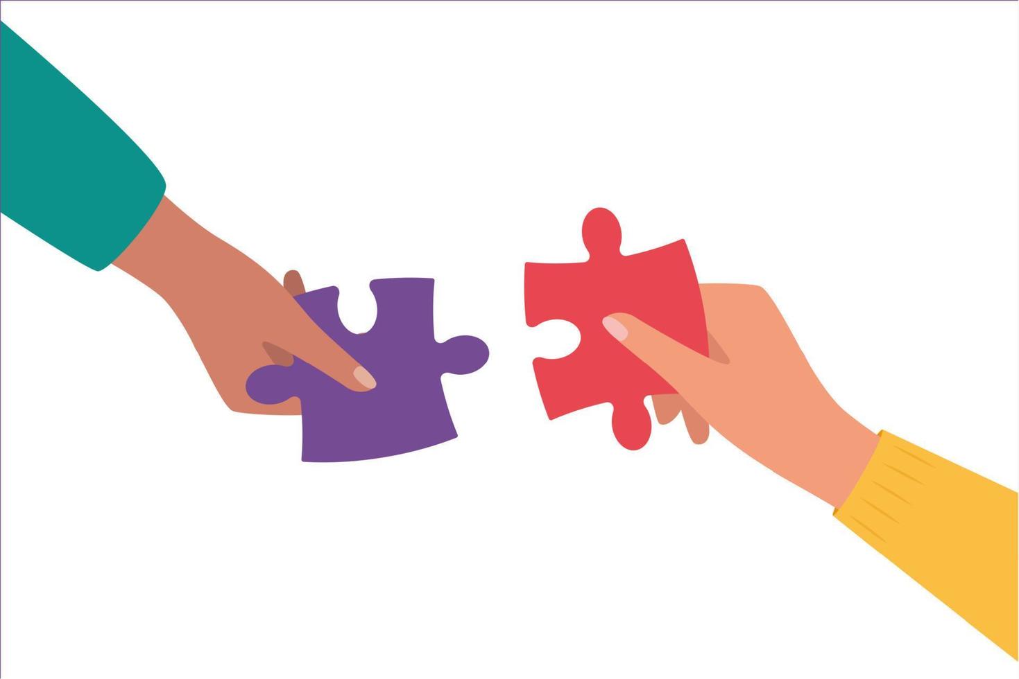 Hands assembling puzzle pieces together. Vector illustration.