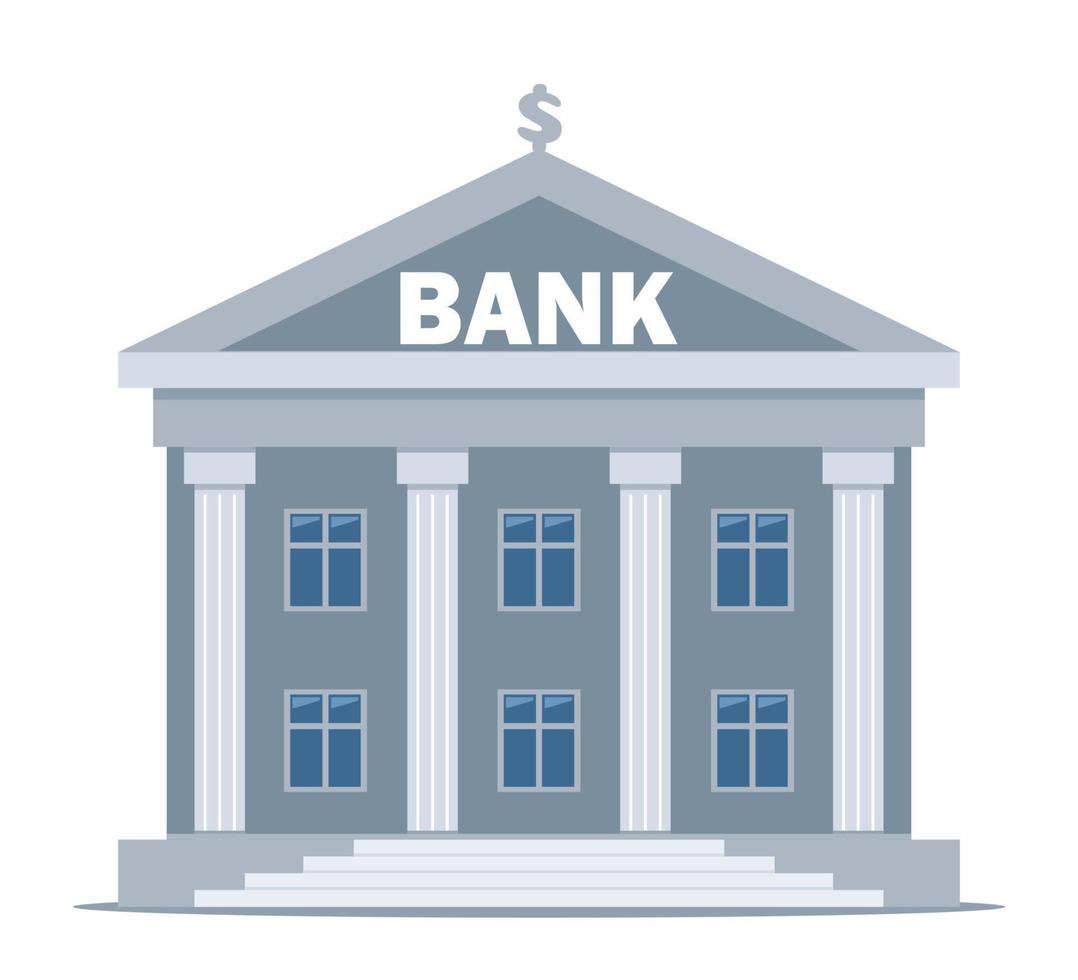 Bank building on a white background, bank financing, money exchange, financial services, ATM, giving out money. Vector flat illustration.