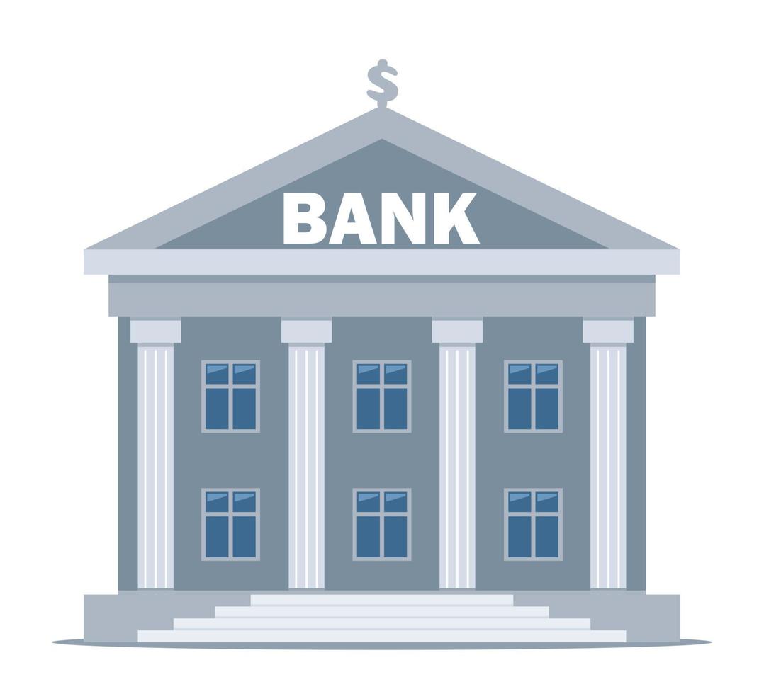 Bank building on a white background, bank financing, money exchange, financial services, ATM, giving out money. Vector flat illustration.