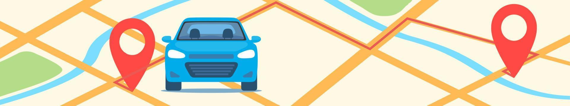 Car on city map with red pins and route between them. Horizontal banner template. GPS navigator or car sharing concept illustration, vector. vector