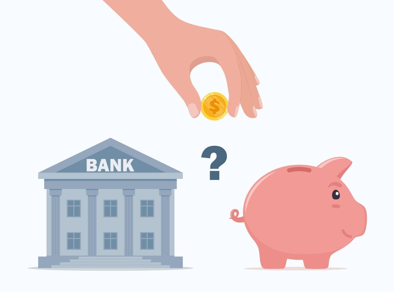 Choosing between bank and piggybank. Budget planning concept. Money savings investment and funding. Bank loan and economy choice. Financial literacy. Vector illustration.