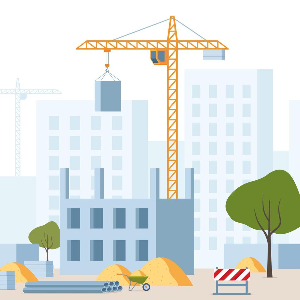 Building work process with houses and tower crane. City landscape on background. Vector illustration.