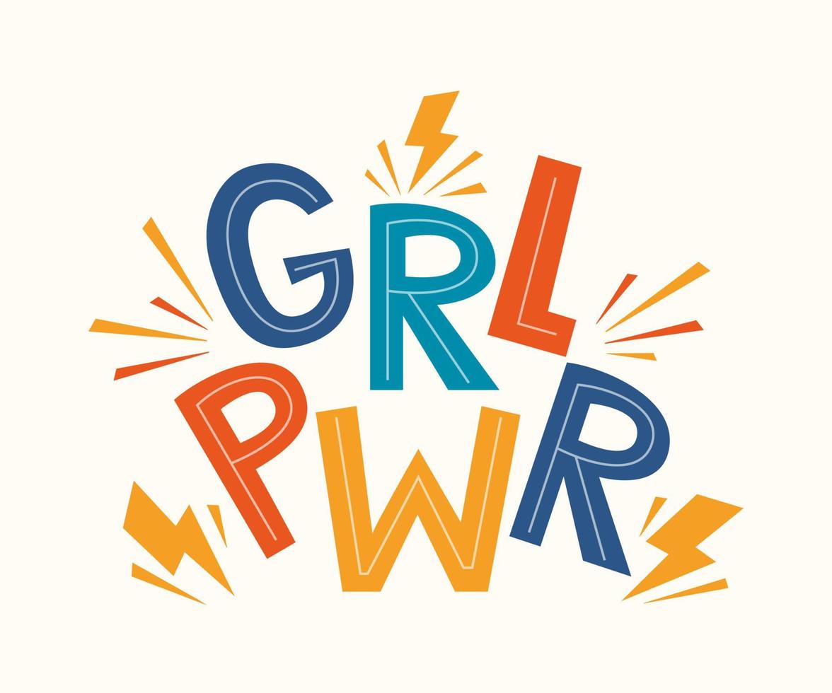 cita grl pwr. girl power lindo dibujo a mano frase de letras de motivación para camisetas, póster, ropa, palo en la computadora portátil, teléfono, pared. lema del feminismo con el símbolo del rayo. ilustración vectorial vector