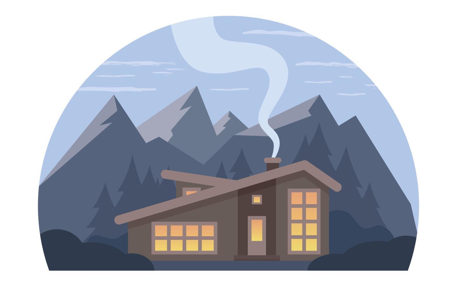 Night mountain landscape with big house for tourists. Summer vacation in the mountains, house rentals. Chalet, wooden house, Eco house. Vector flat illustration.