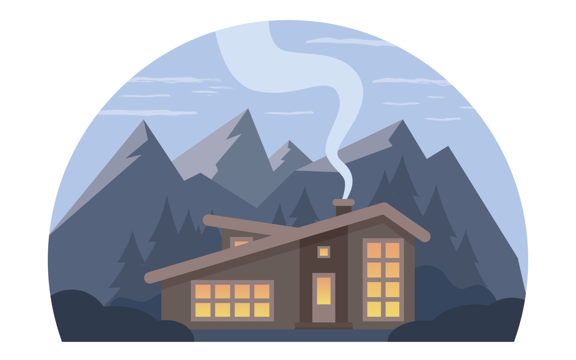 Flat vector night landscape wallpaper with mountain and cabin