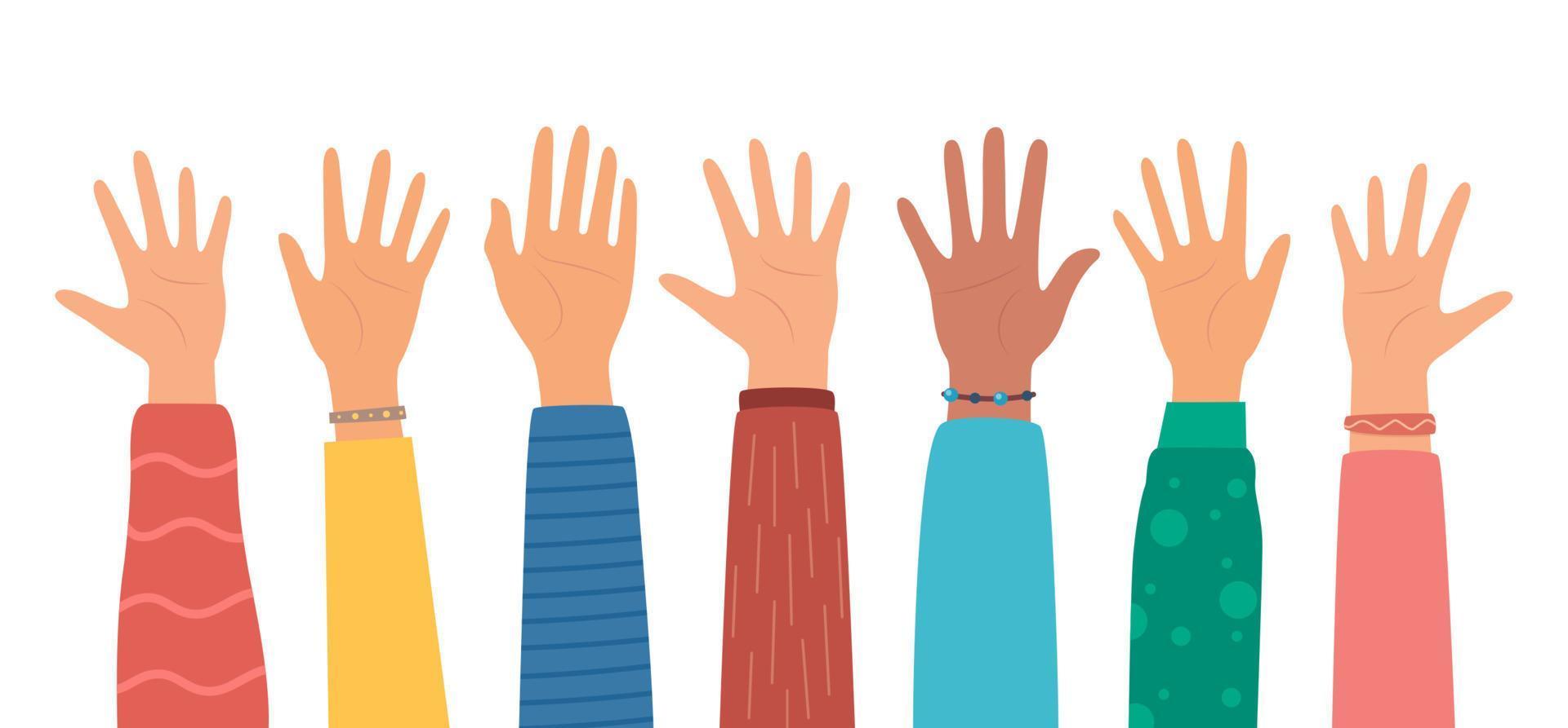 Multicultural crowd of people with hands up, teamwork of multinational team. Diverse young people, male and female, hands. Teamwork, friendship, unity, help, volunteering concept. Vector illustration.