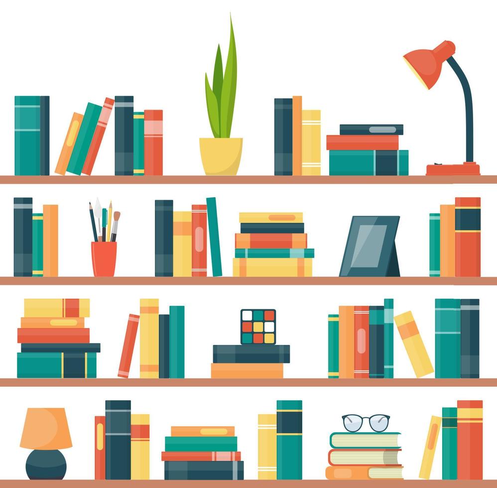 Book shelves with books and other objects. Book, lamp, potted plant, photo frame, rubik cube, glasses. Vector illustration in flat style.